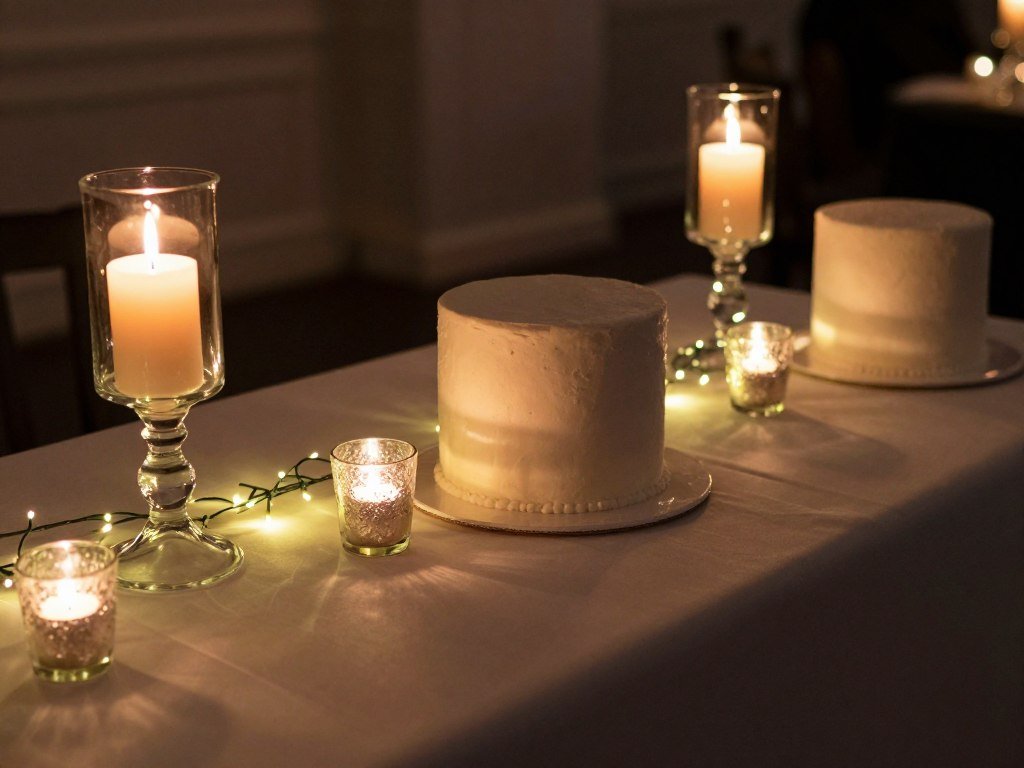 Cake table with various lighting elements including candles, string lights, and LED accents