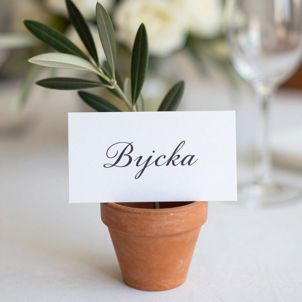 Calligraphy place cards with olive branch holders