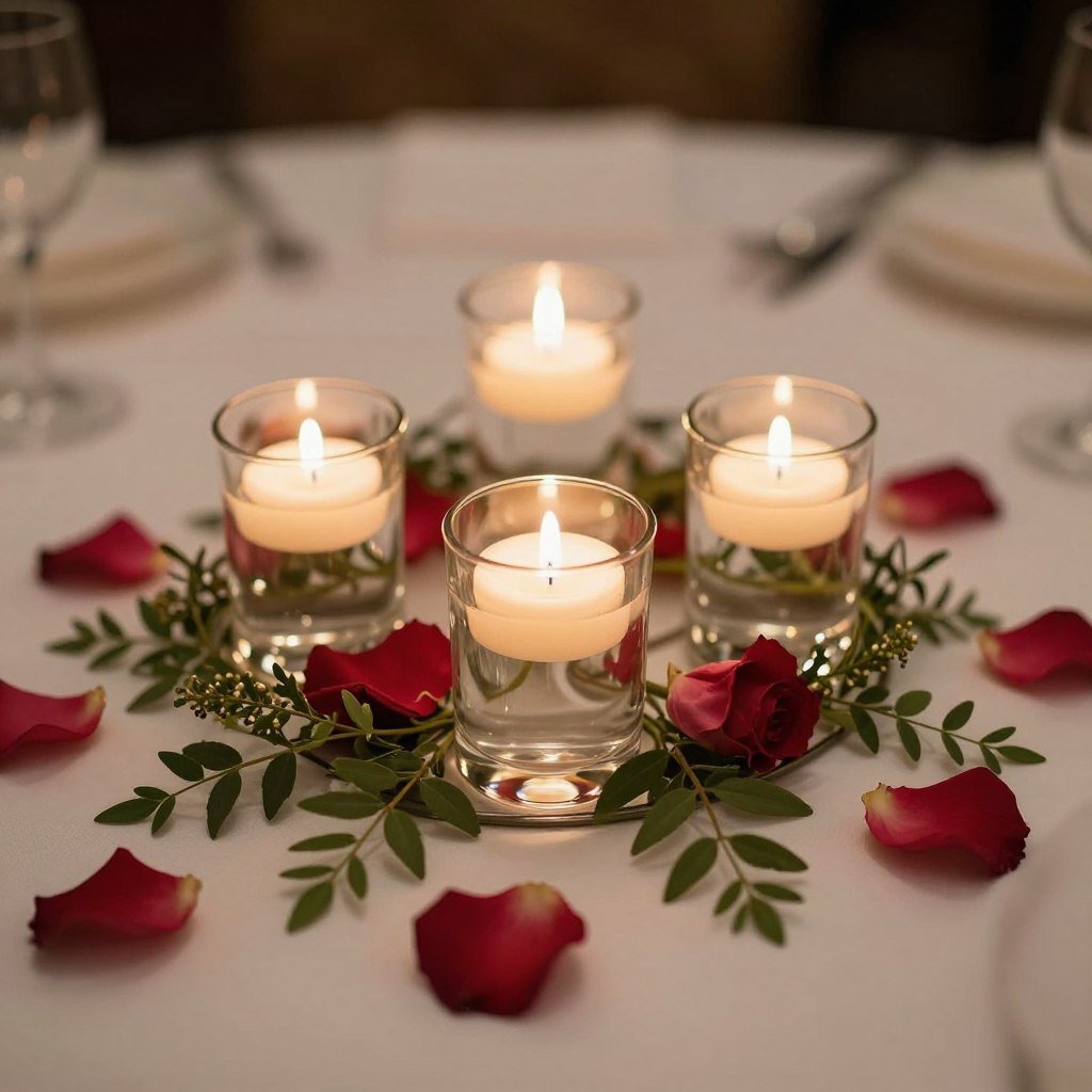 Candle centerpiece with floating candles, rose petals, and greenery