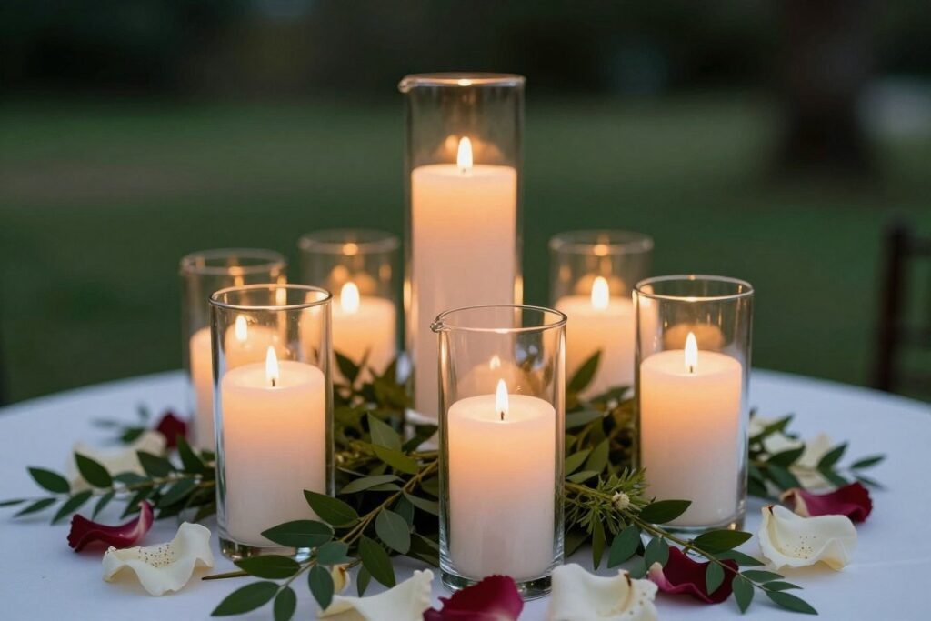 Candles in hurricane glasses as backyard wedding decorations