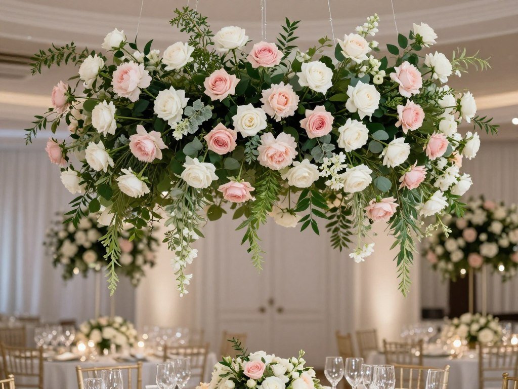 Cascading floral installation hanging from ceiling at elegant wedding reception Cascading floral installation hanging from ceiling at elegant wedding reception