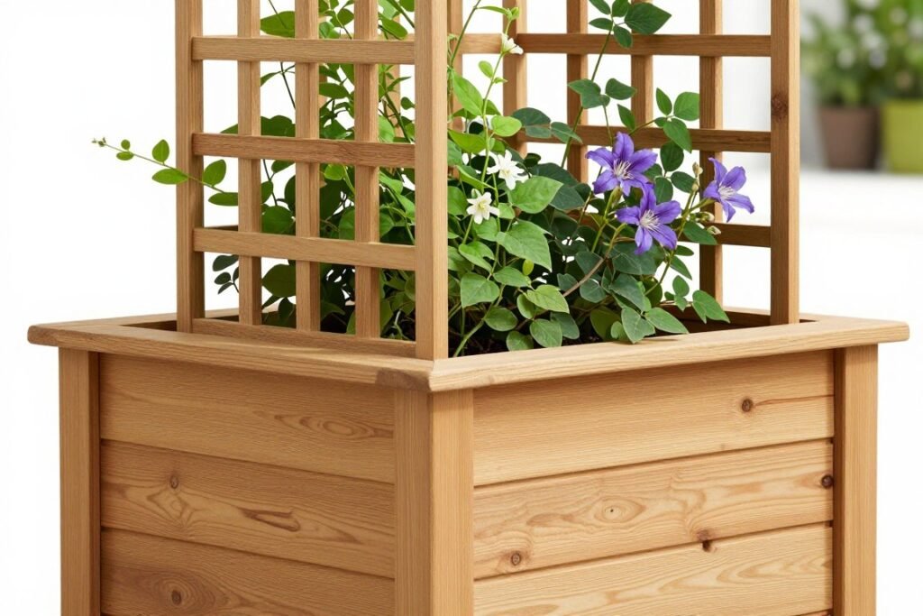 Cedar planter box with attached trellis supporting climbing plants Cedar planter box with attached trellis supporting climbing plants