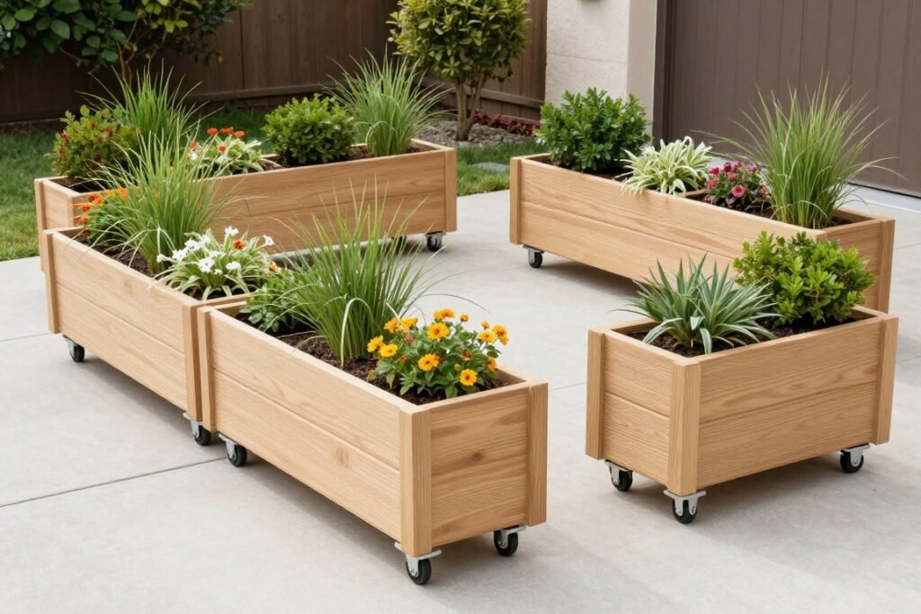 Cedar planter boxes on wheels arranged on a patio Cedar planter boxes on wheels arranged on a patio