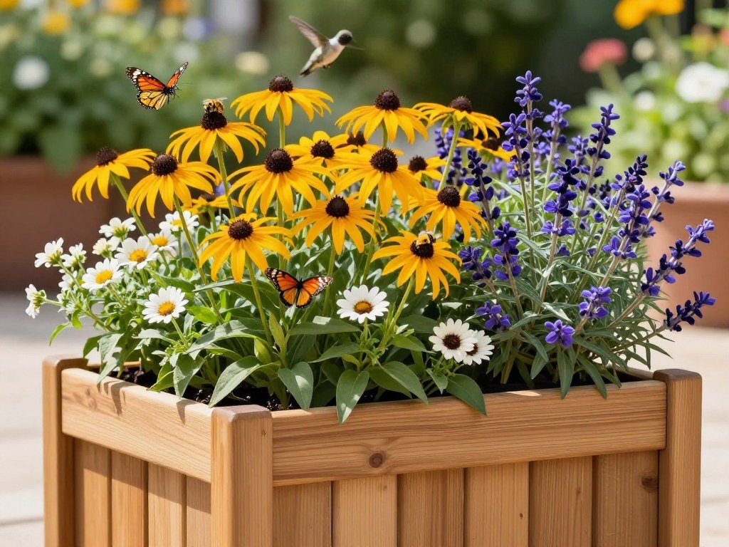Cedar planter filled with pollinator-friendly flowers and visiting butterflies Cedar planter filled with pollinator-friendly flowers and visiting butterflies