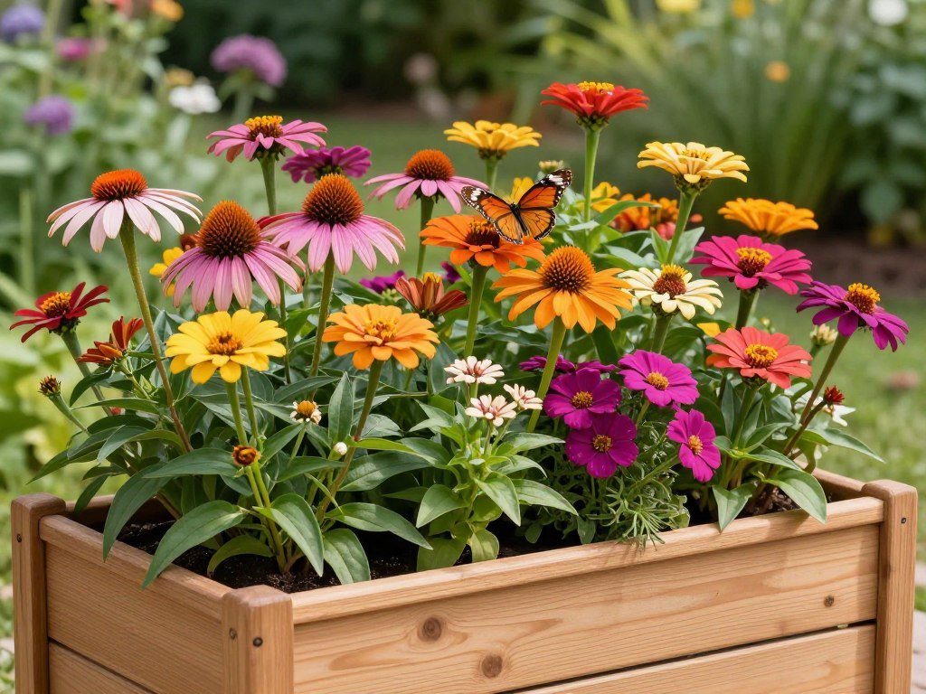 Cedar planter with butterfly-attracting flowers and a butterfly visiting Cedar planter with butterfly-attracting flowers and a butterfly visiting