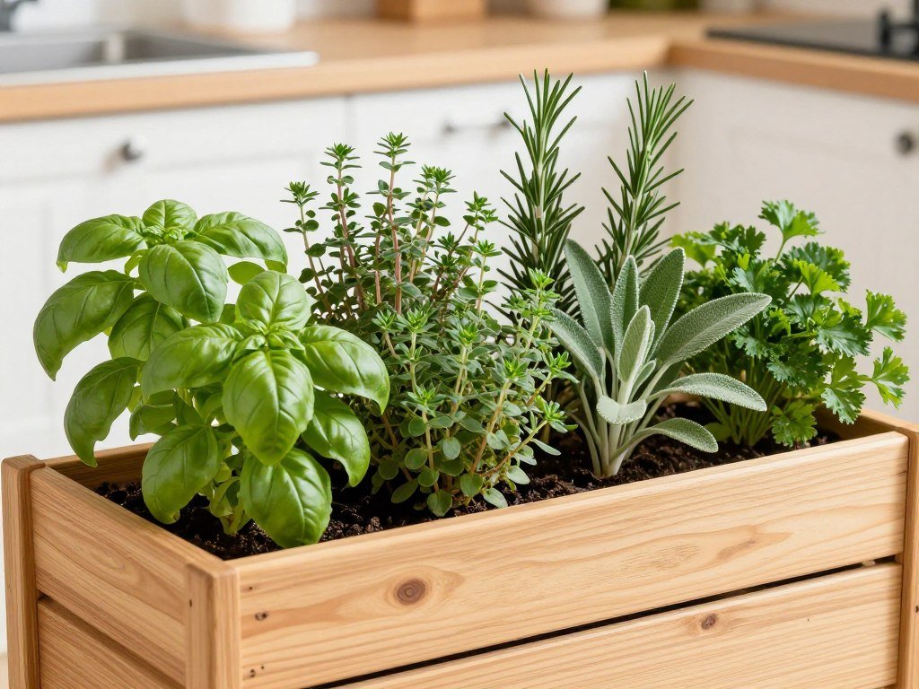 Cedar planter with culinary herbs like basil, thyme, and rosemary Cedar planter with culinary herbs like basil, thyme, and rosemary