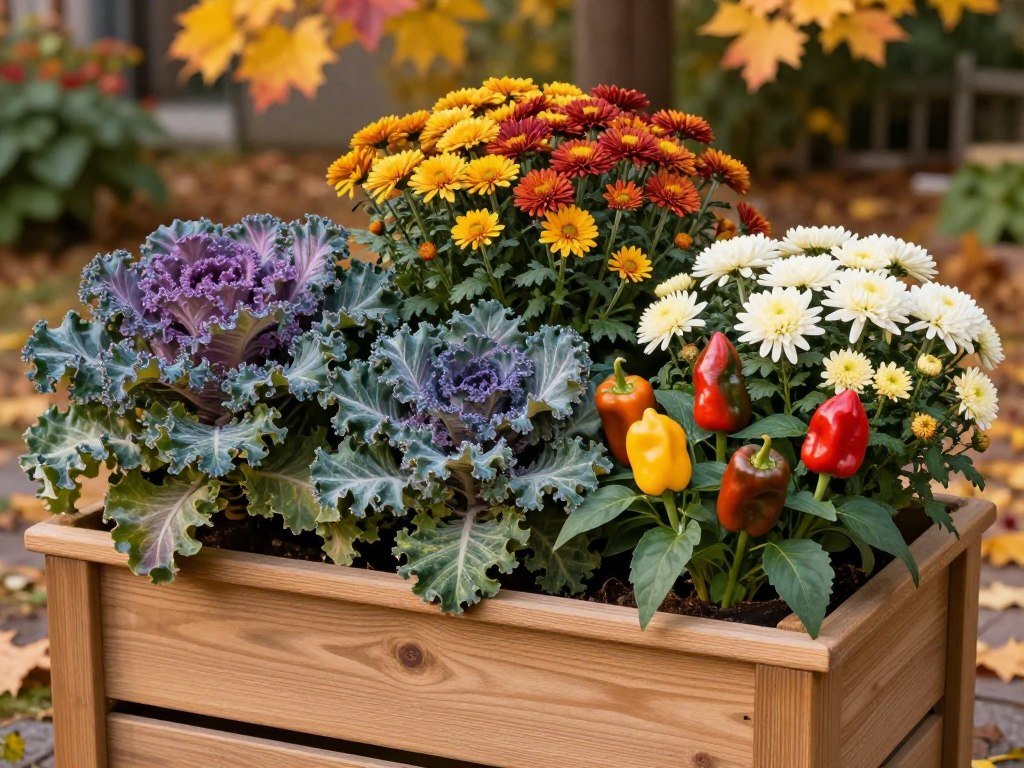Cedar planter with fall plants like ornamental kale and mums Cedar planter with fall plants like ornamental kale and mums