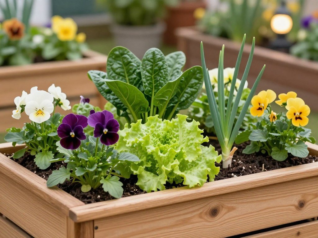 Cedar planter with spring flowers and cool-season vegetables Cedar planter with spring flowers and cool-season vegetables