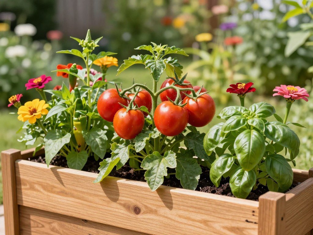 Cedar planter with summer vegetables and flowers in full bloom Cedar planter with summer vegetables and flowers in full bloom