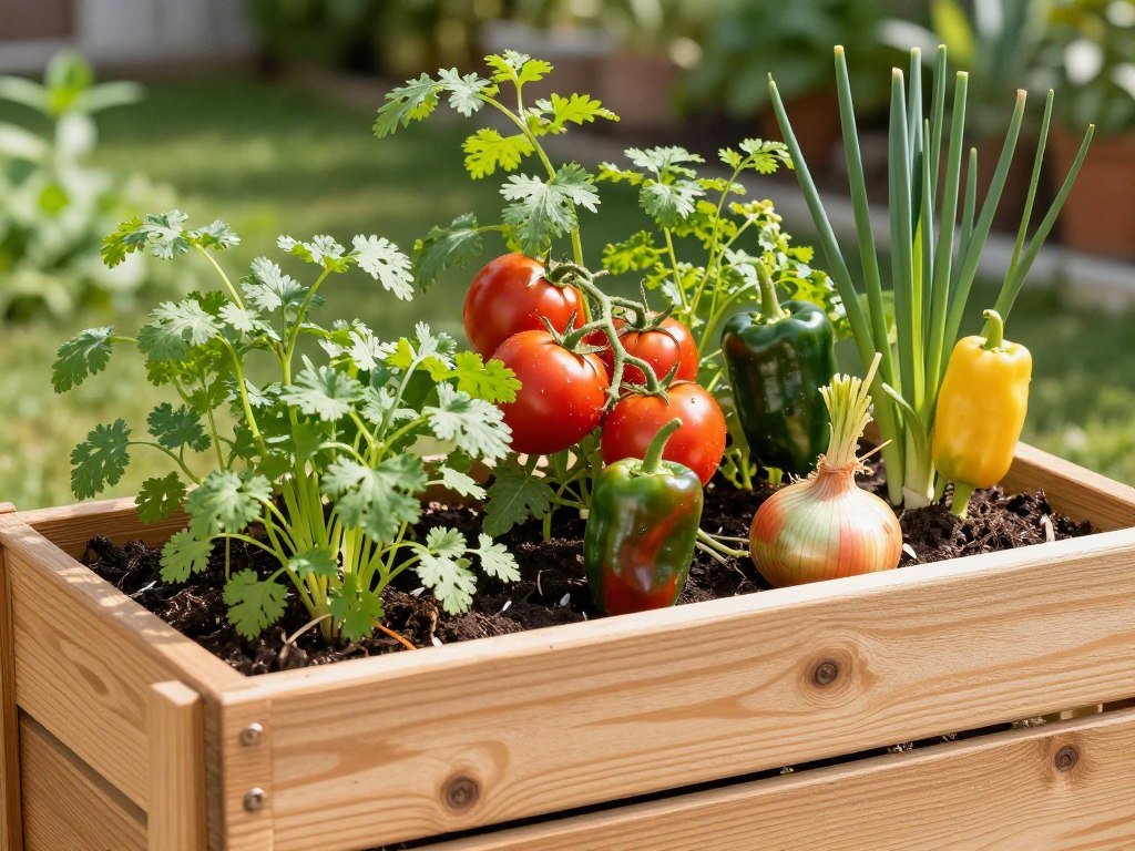 Cedar planter with tomatoes, peppers, cilantro, and onions for salsa Cedar planter with tomatoes, peppers, cilantro, and onions for salsa