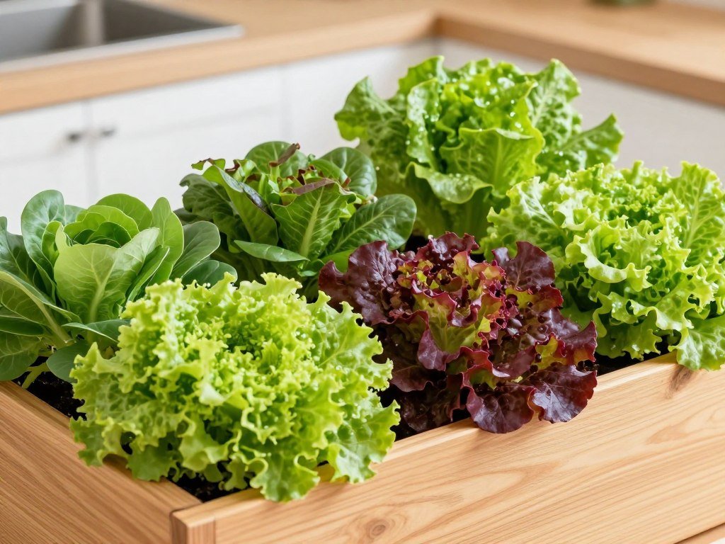 Cedar planter with various lettuce varieties and salad greens Cedar planter with various lettuce varieties and salad greens