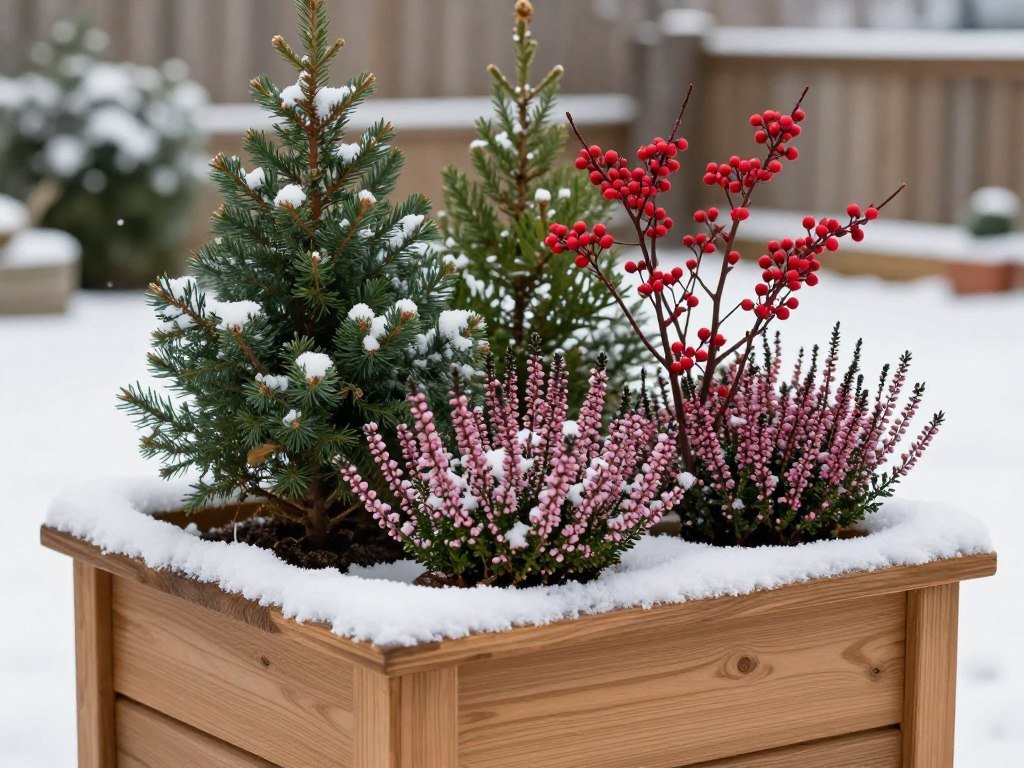 Cedar planter with winter interest plants and evergreens Cedar planter with winter interest plants and evergreens