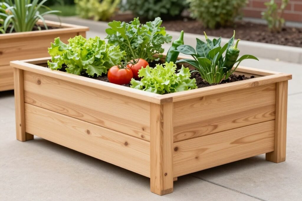 Cedar raised garden bed with vegetables growing Cedar raised garden bed with vegetables growing