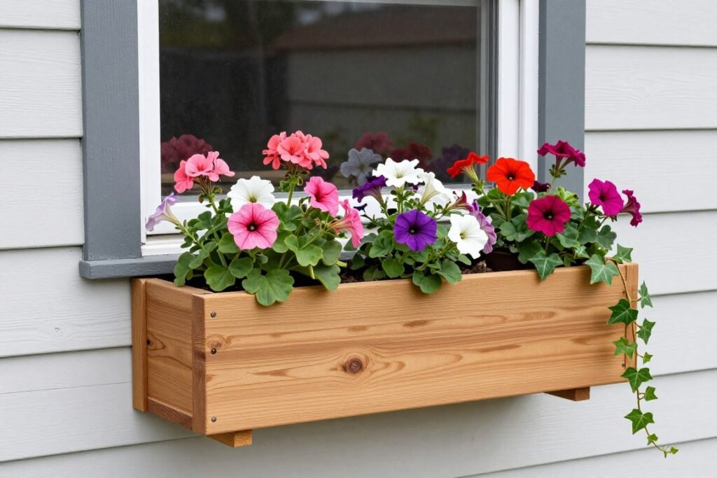 Cedar window box with colorful flowers under a window Cedar window box with colorful flowers under a window