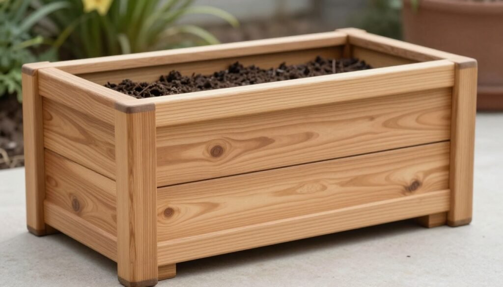 Cedar wood planter box with natural finish showing wood grain detail Cedar wood planter box with natural finish showing wood grain detail