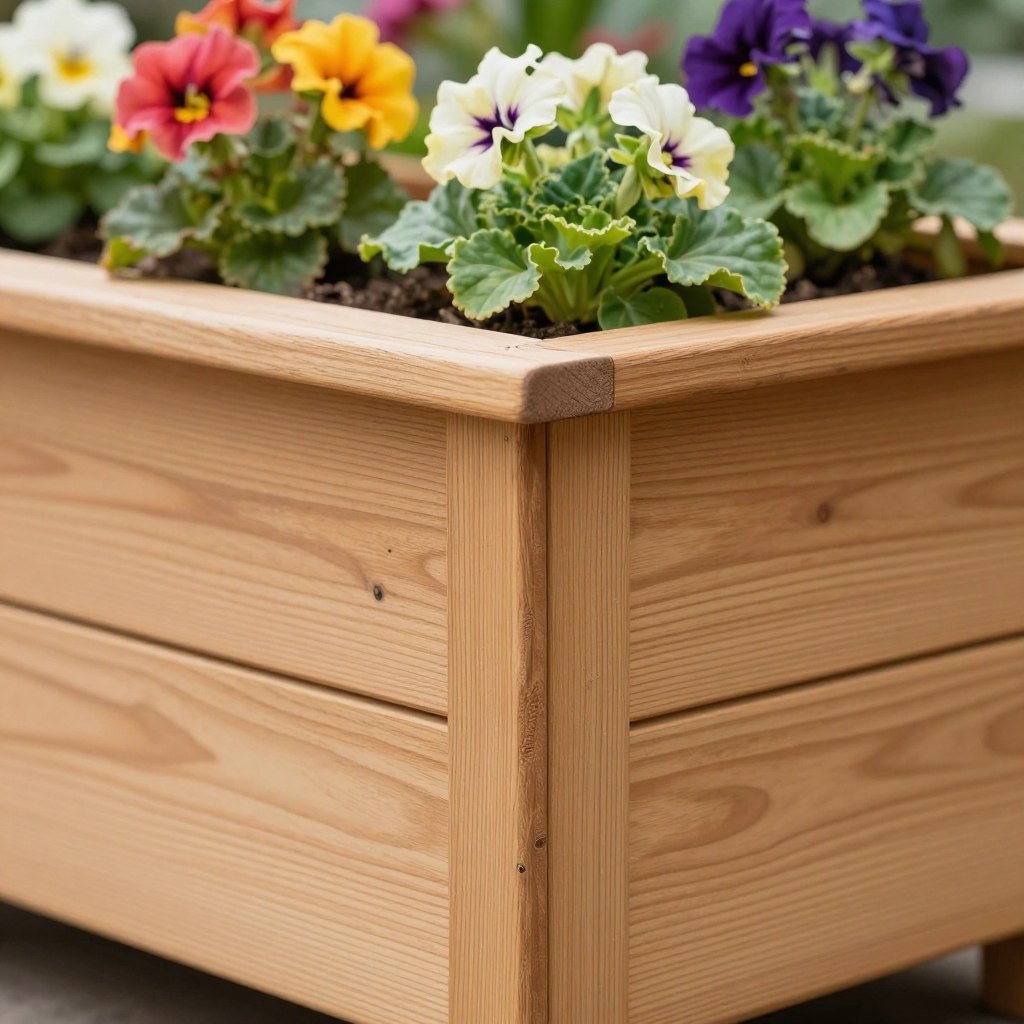 Cedar wooden planter box with flowers Cedar wooden planter box with flowers