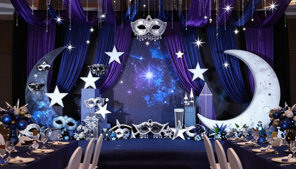 Celestial Masquerade Quinceañera Theme with deep blues, purples, stars, and elegant masks Celestial Masquerade Quinceañera Theme with deep blues, purples, stars, and elegant masks