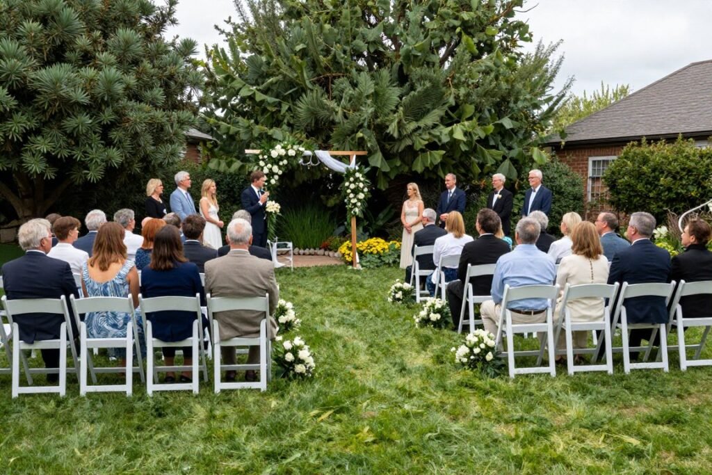 Ceremony seating arrangement in backyard