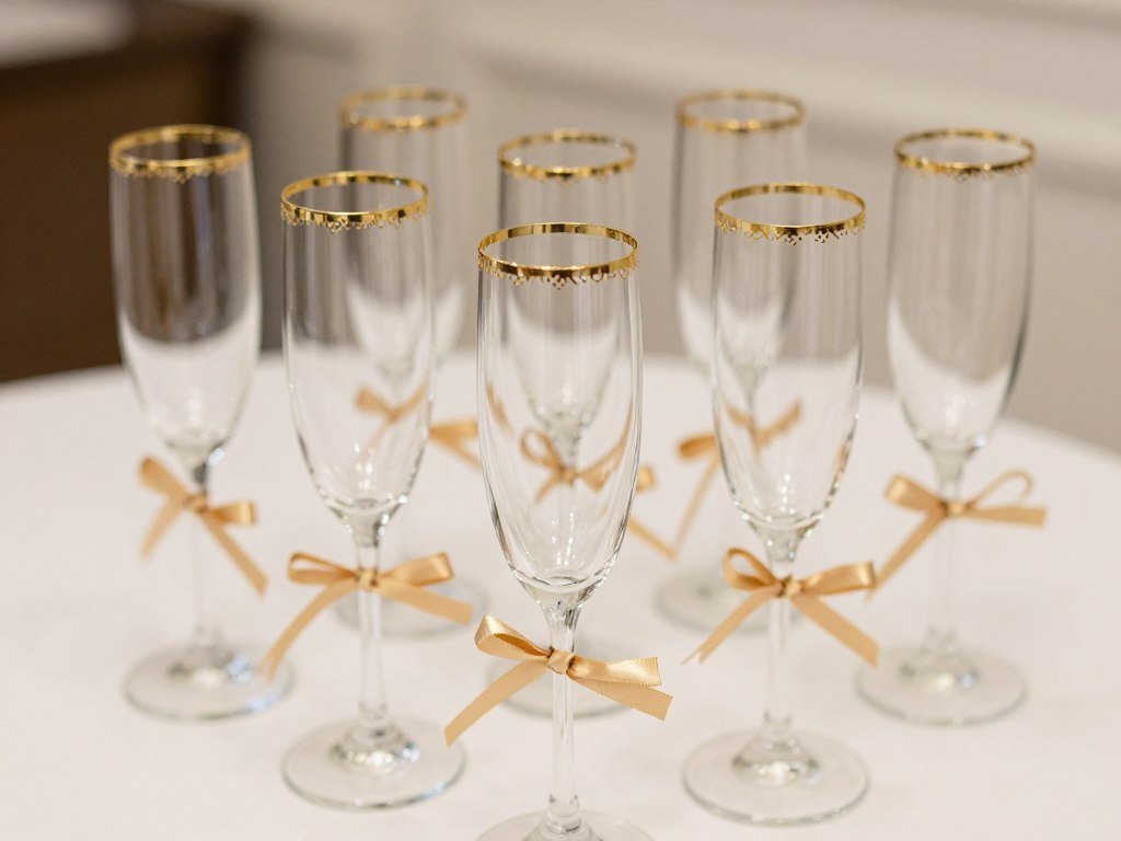 Champagne flutes with decorative gold accents and personalized tags