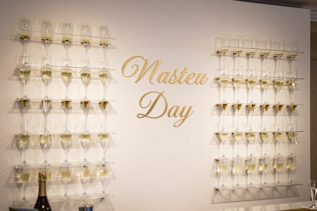 Champagne wall display at elegant wedding reception