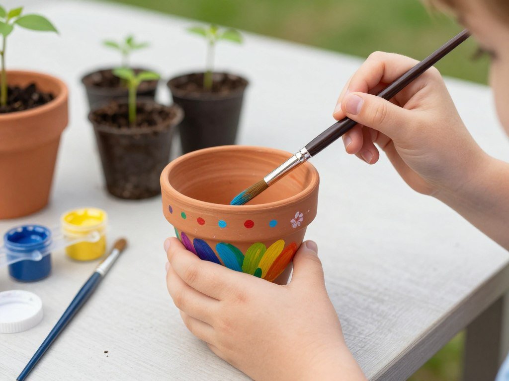 Child painting a terracotta pot for a spring planting project