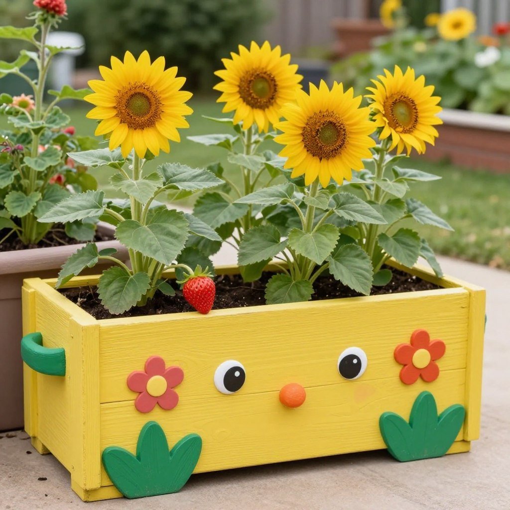Children's garden planter boxes with whimsical decorations Children's garden planter boxes with whimsical decorations