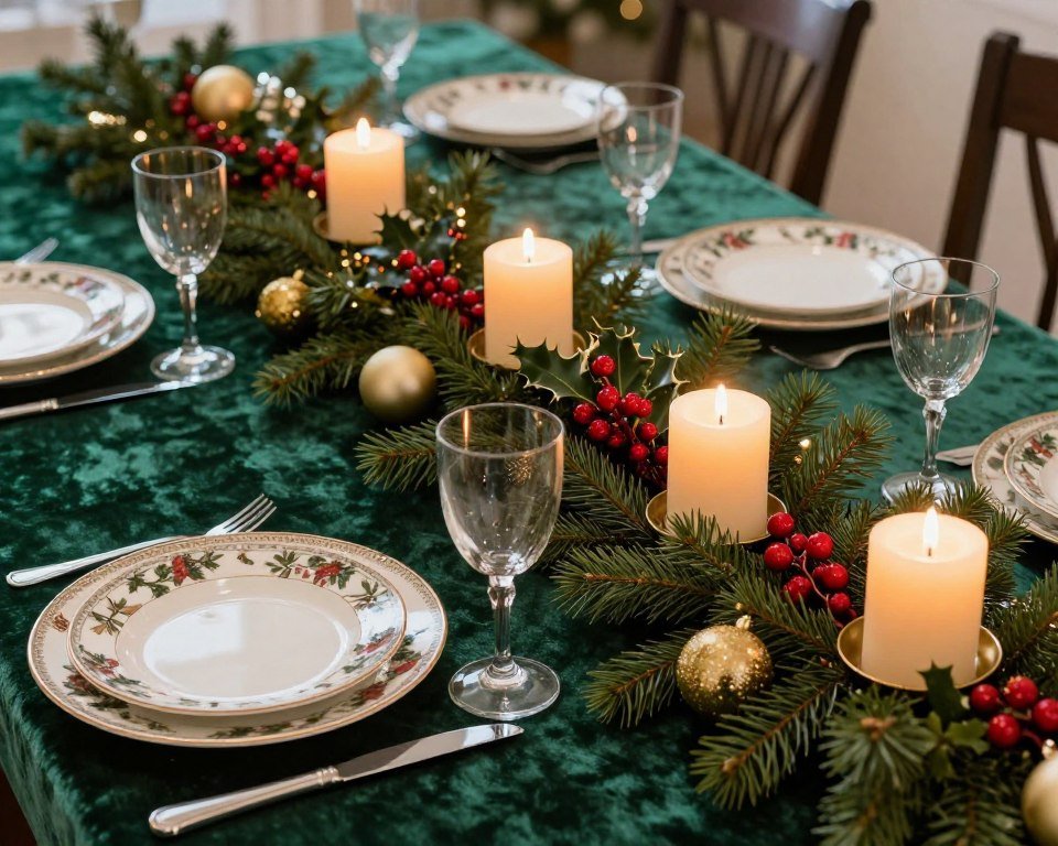Christmas table runner decorated with evergreen garland and red berries Christmas table runner decorated with evergreen garland and red berries