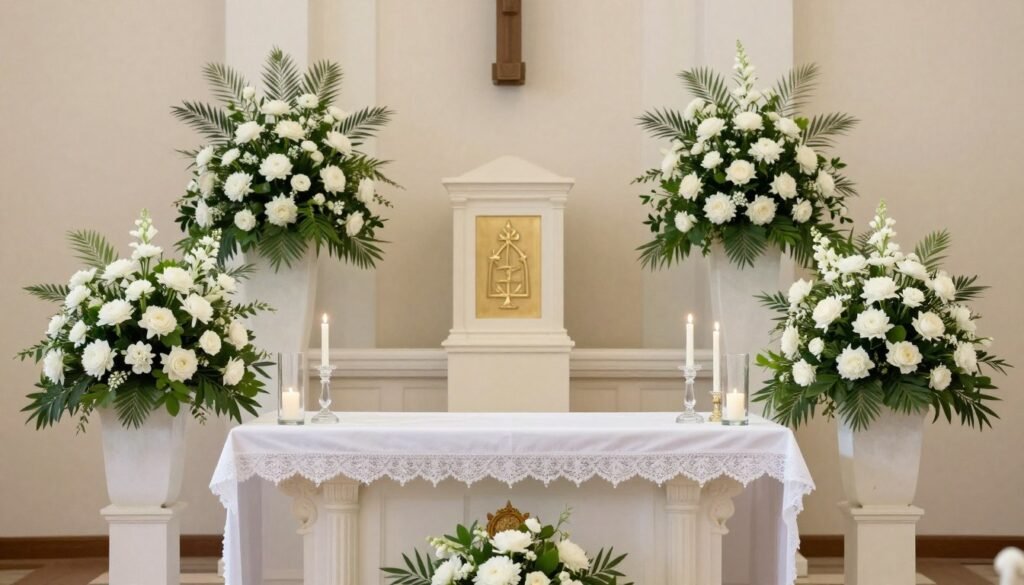 Church altar decorated with elaborate white and green floral arrangements