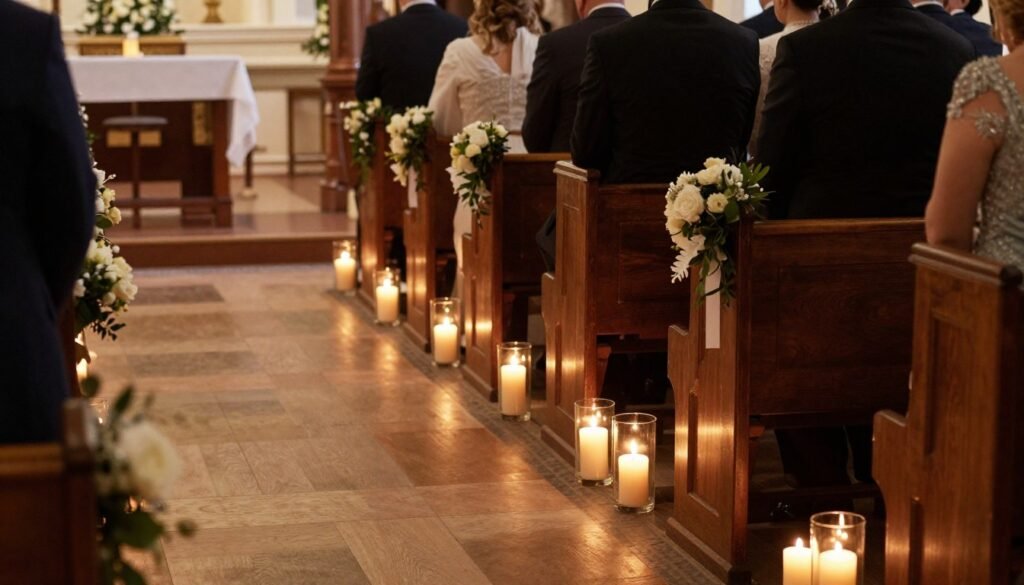 Church wedding with candles and soft lighting creating romantic atmosphere
