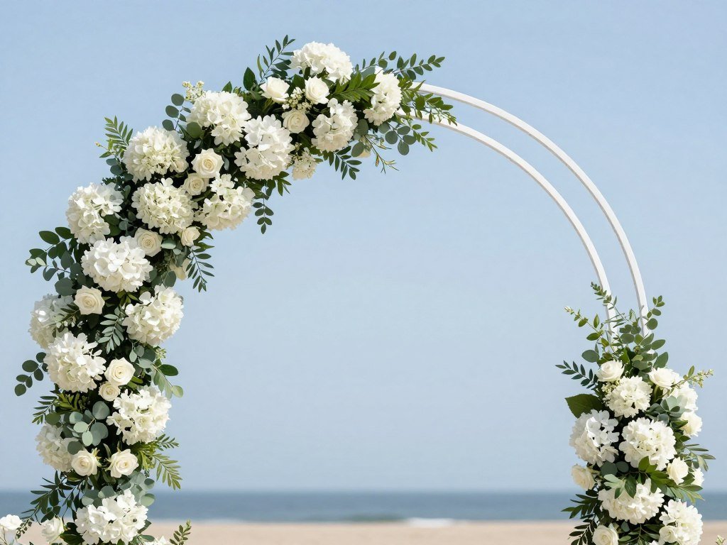 Circular wedding arch decorated with white flowers and eucalyptus greenery