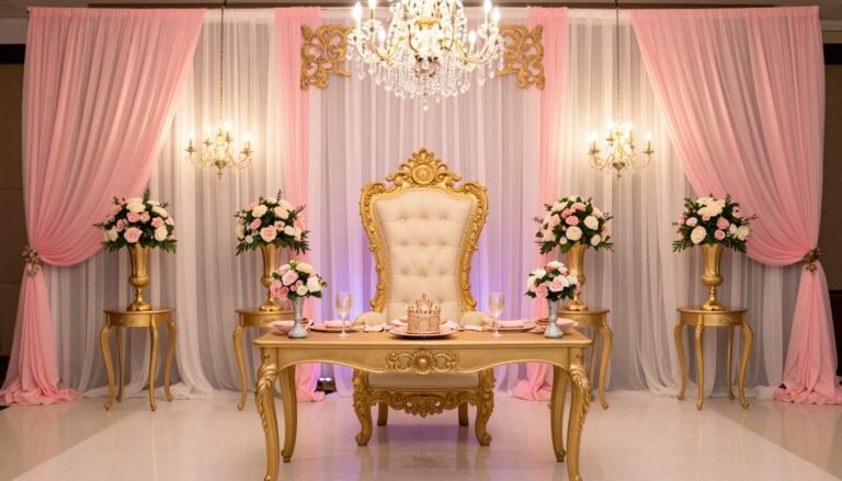 Classic Princess Quinceañera Theme with pink and gold decorations including tiara centerpieces and tulle drapery