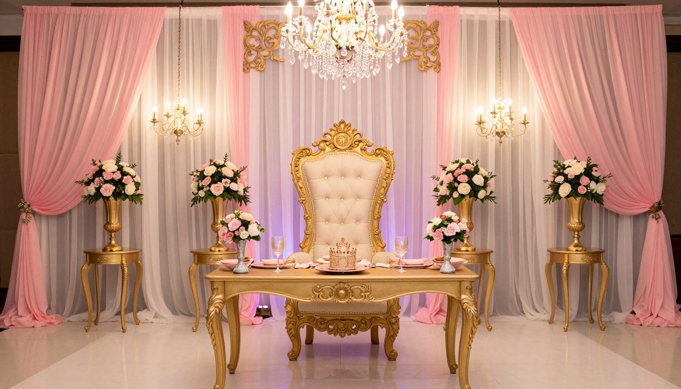 Classic Princess Quinceañera Theme with pink and gold decorations including tiara centerpieces and tulle drapery