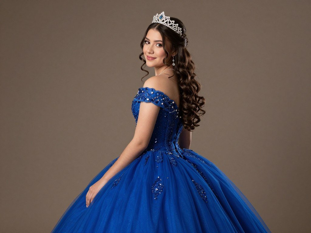 Classic quinceañera pose looking over shoulder at camera