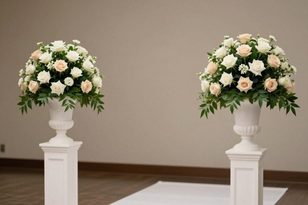 Classic wedding aisle with white and blush rose arrangements on pedestals