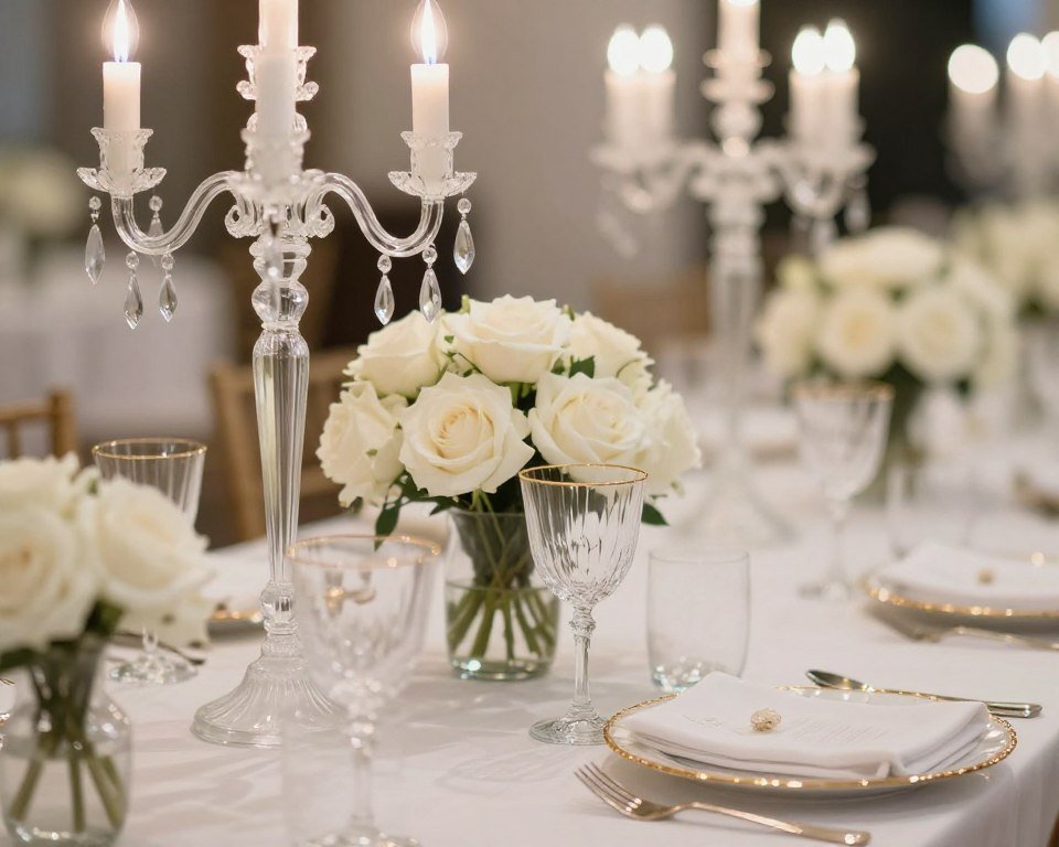 Classic wedding reception with white roses, crystal candelabras, and gold-rimmed glassware
