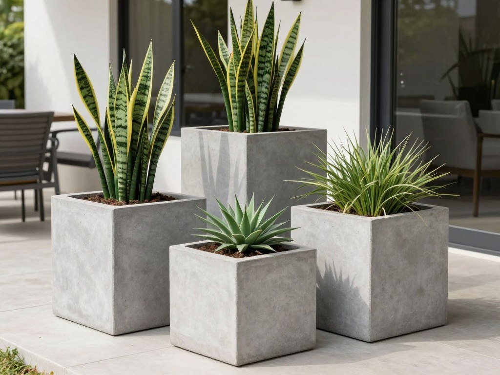 Clean-lined modern planters with architectural plants on a contemporary porch