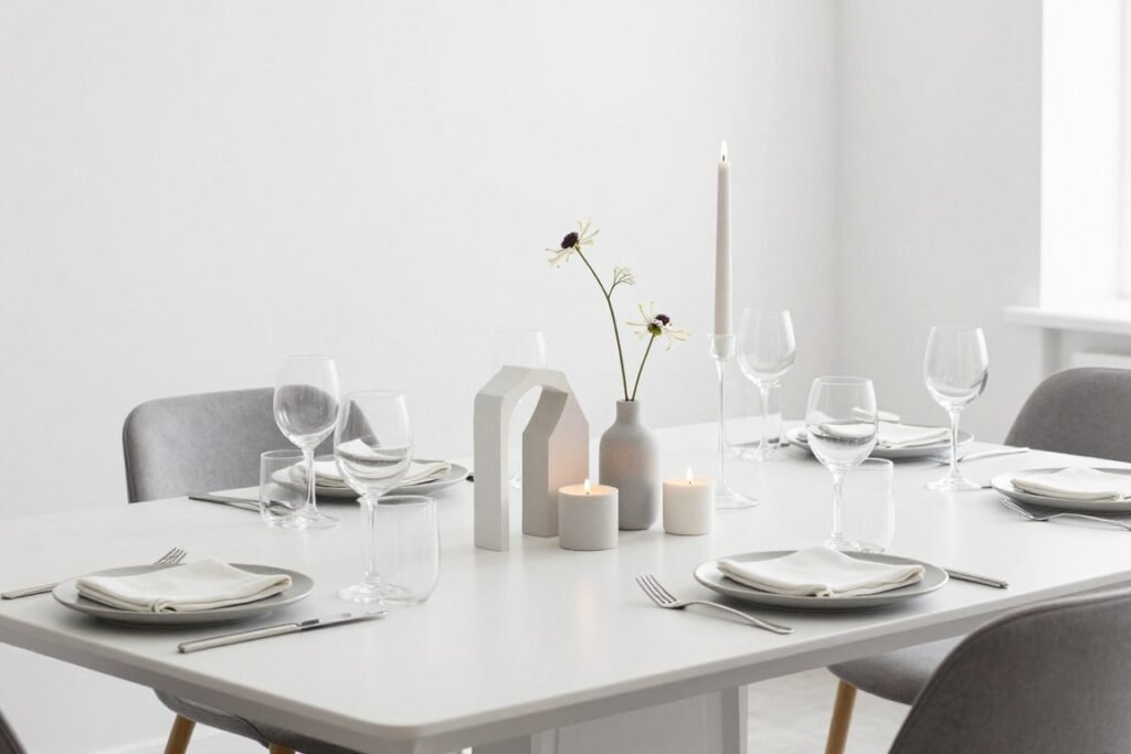 Clean modern minimalist rehearsal dinner with geometric elements, monochromatic color scheme and sleek details