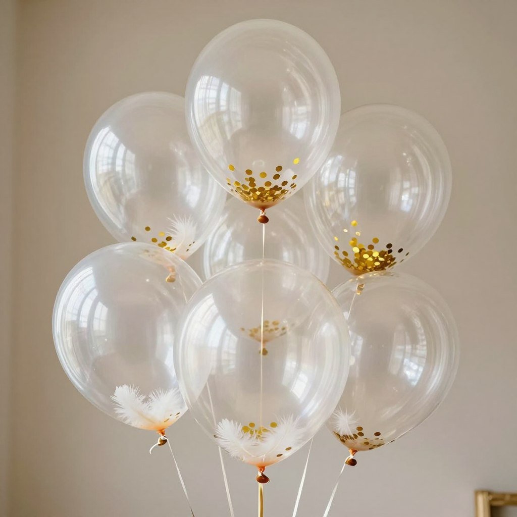 Clear balloons filled with gold confetti and feathers