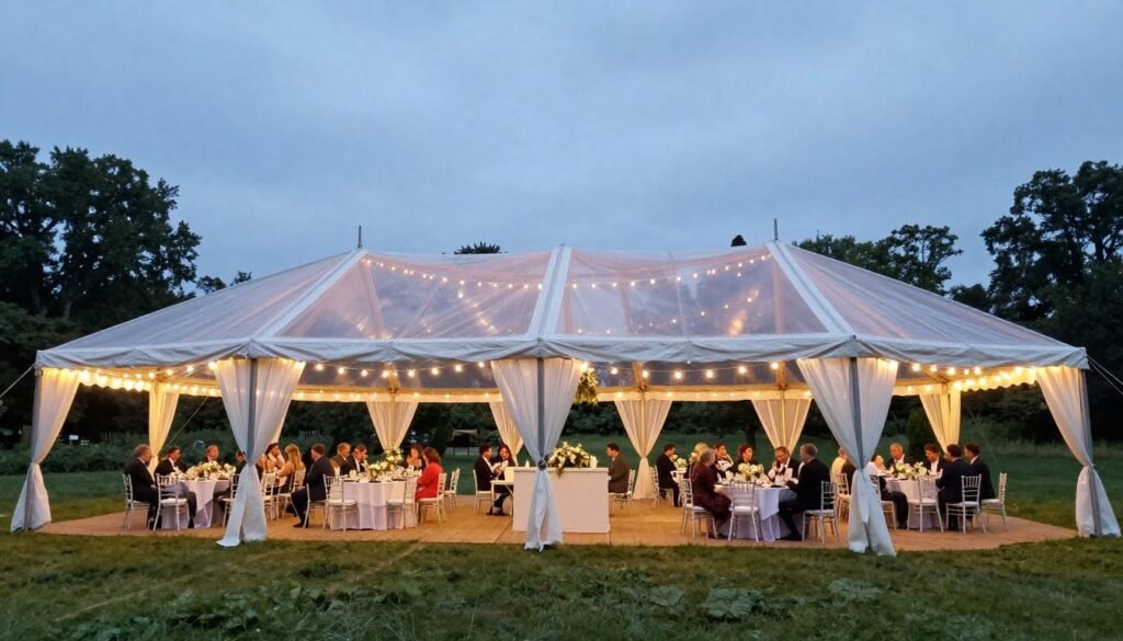 Clear wedding tent protecting outdoor reception