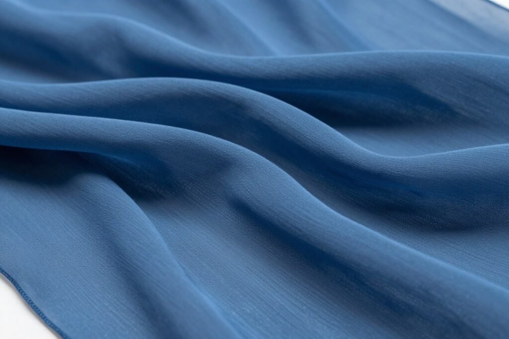 Close-up detail of flowing chiffon fabric in blue shade showing texture and drape