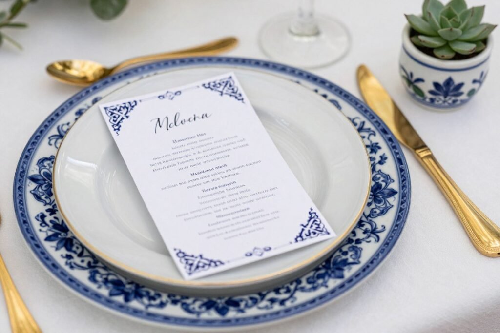 Close-up of Talavera place setting with charger plate, menu card, and small favor pot Close-up of Talavera place setting with charger plate, menu card, and small favor pot
