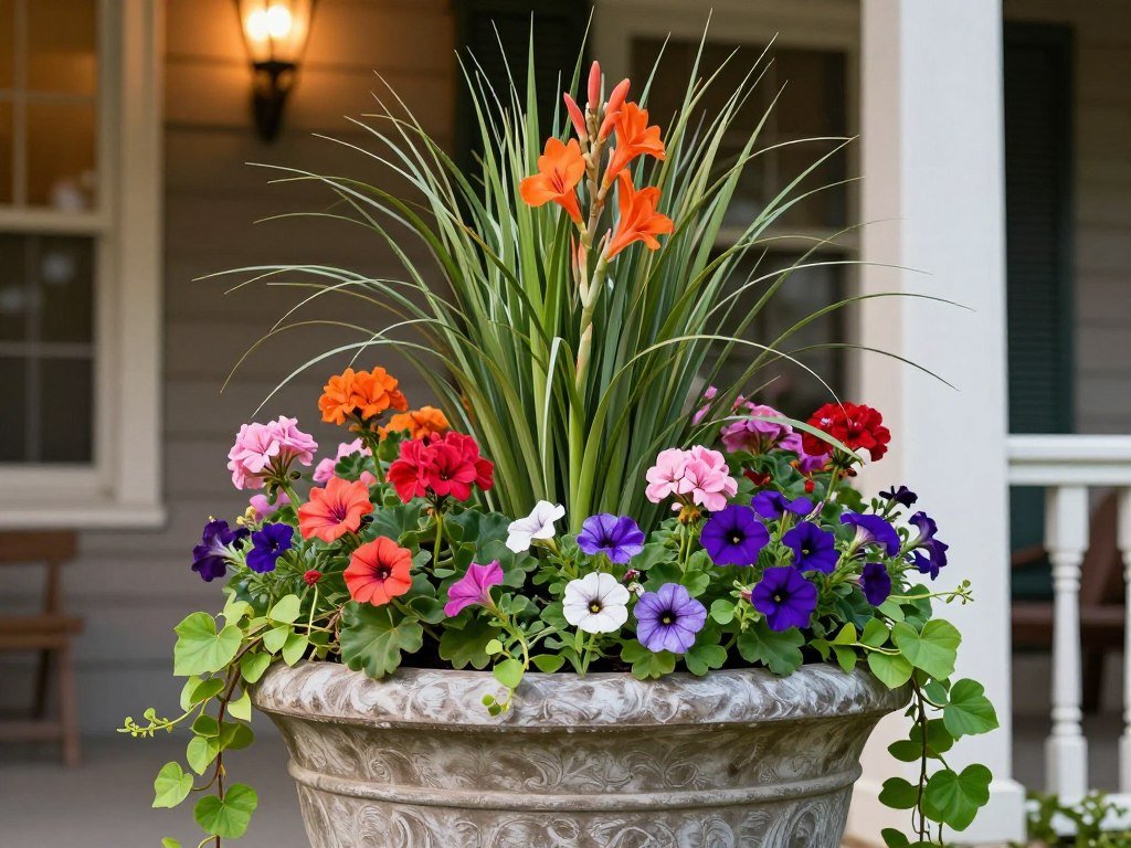 Close-up of a large planter demonstrating the thriller, filler, spiller concept with tall central plants, mid-height flowers, and trailing vines