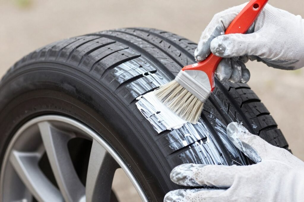 Close-up of a person applying primer to a tire before painting it for a planter project