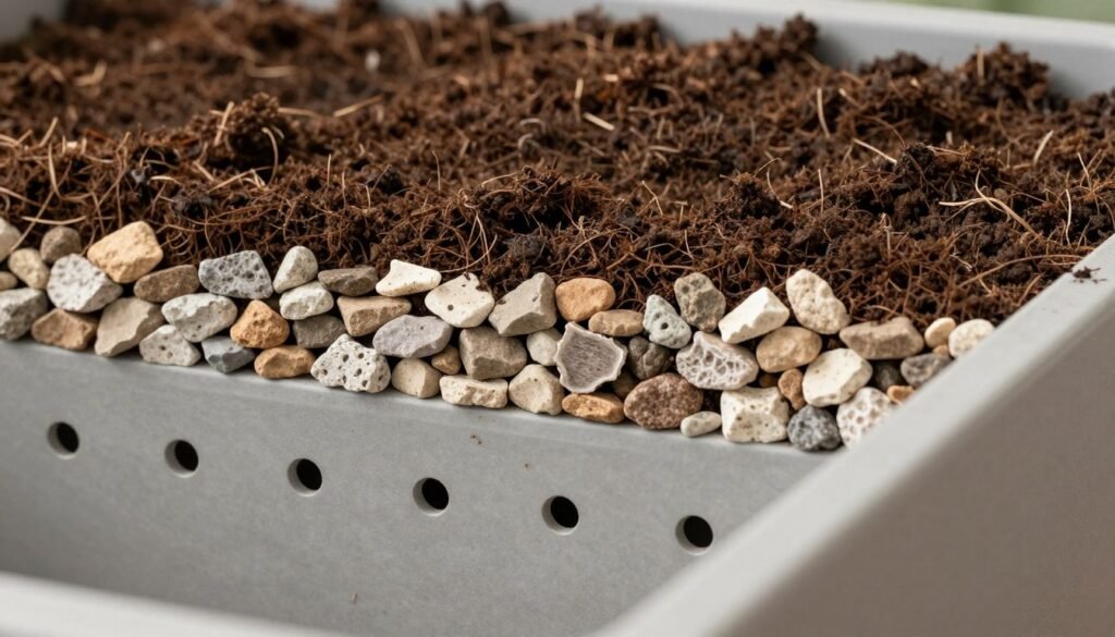 Close-up of a properly prepared planter showing drainage holes and layers for optimal plant health Close-up of a properly prepared planter showing drainage holes and layers for optimal plant health