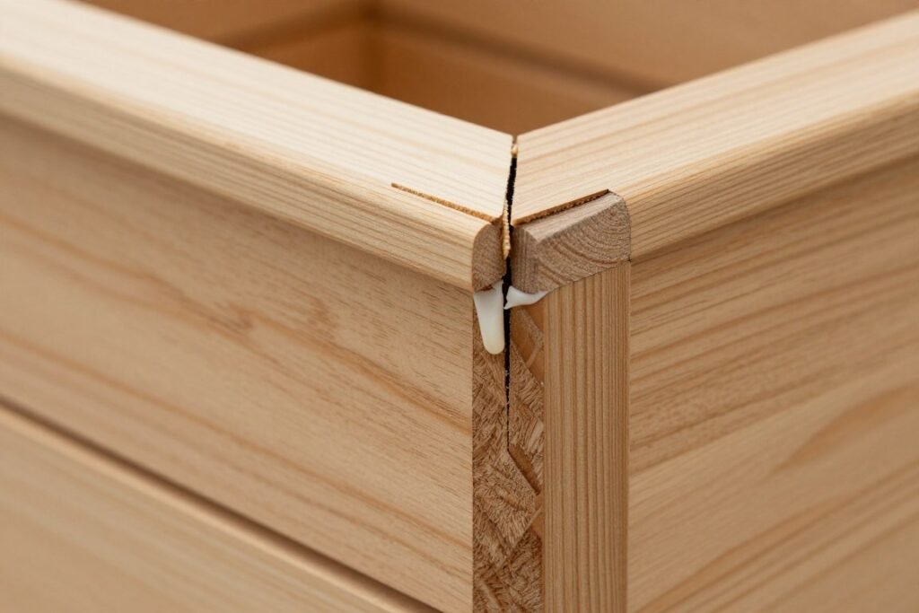 Close-up of a repaired crack in a cedar planter box Close-up of a repaired crack in a cedar planter box