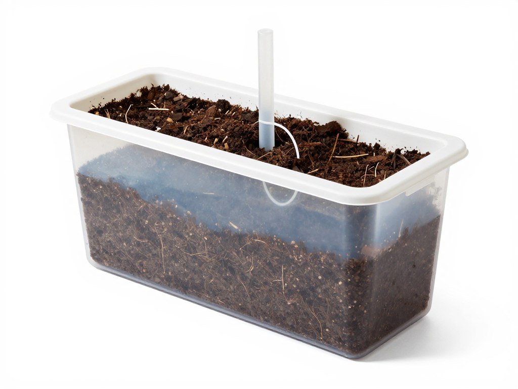 Close-up of a self-watering window planter box system showing the water reservoir Close-up of a self-watering window planter box system showing the water reservoir