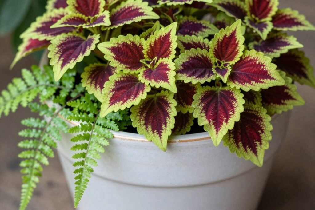 Close-up of a shade planter featuring colorful coleus varieties, ferns, and trailing ivy