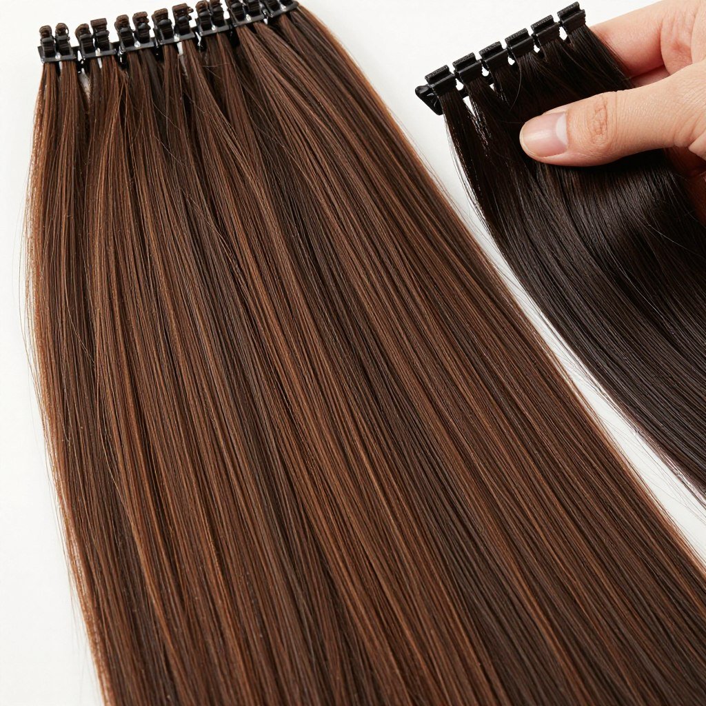 Close-up of clip-in hair extensions showing proper color matching for bridesmaids