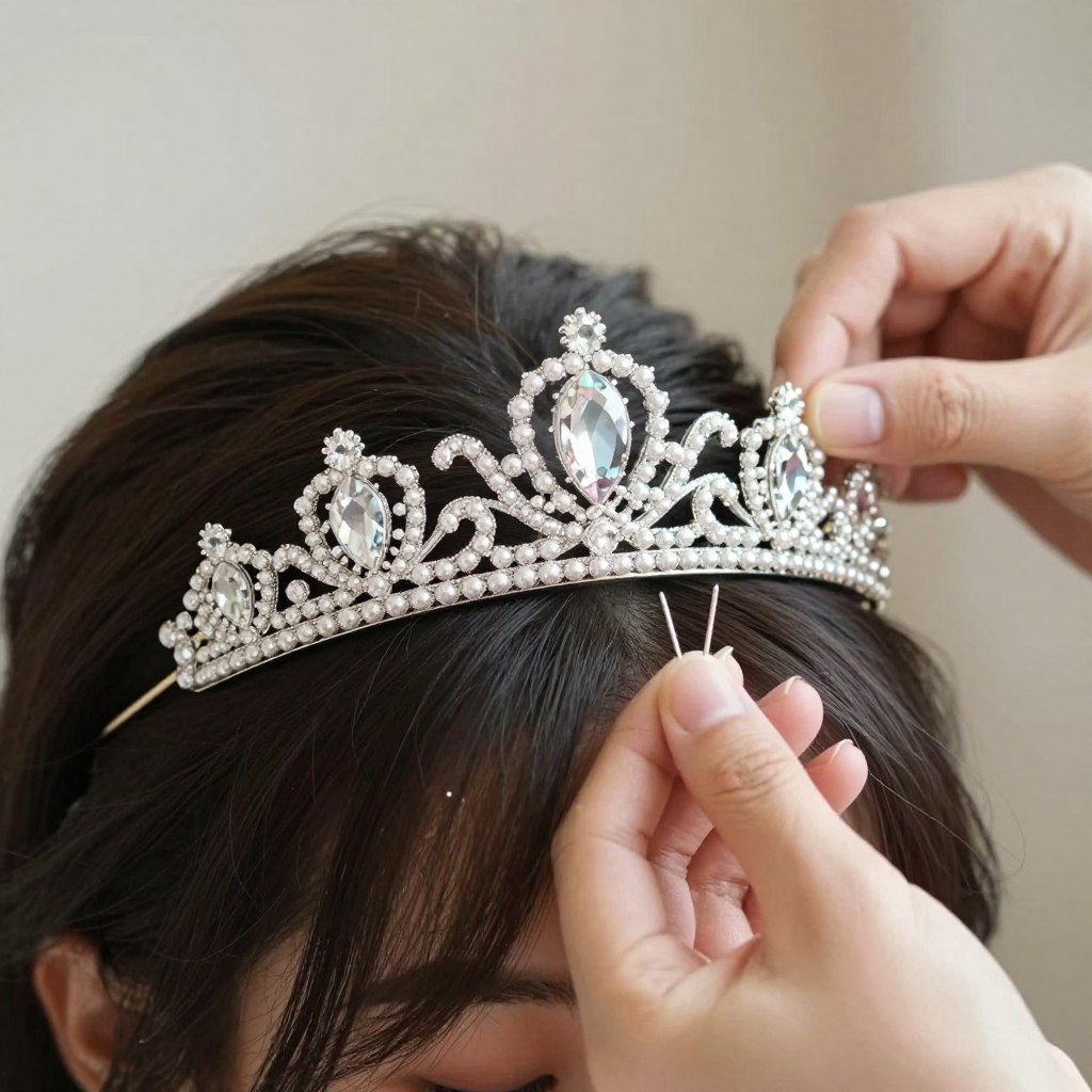 Close-up of decorative crown placement showing pin securing technique for bridesmaids