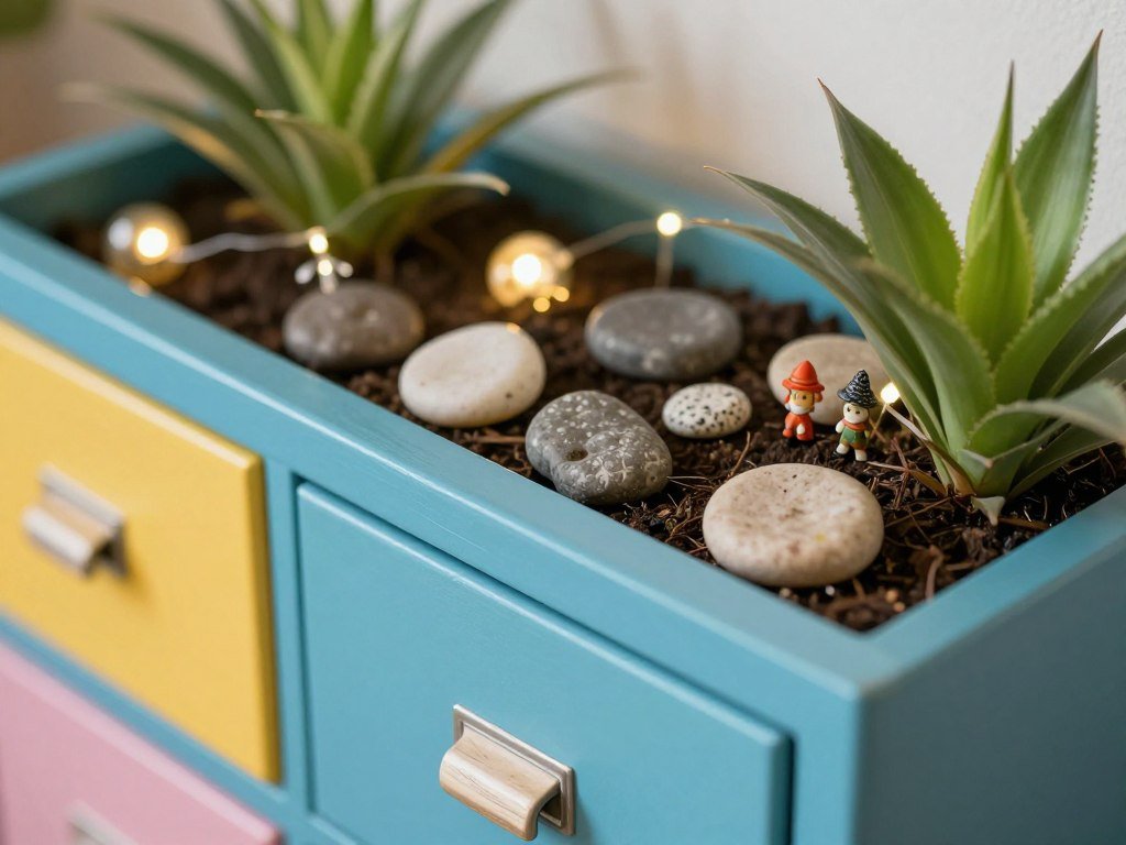 Close-up of decorative elements added to a file cabinet planter
